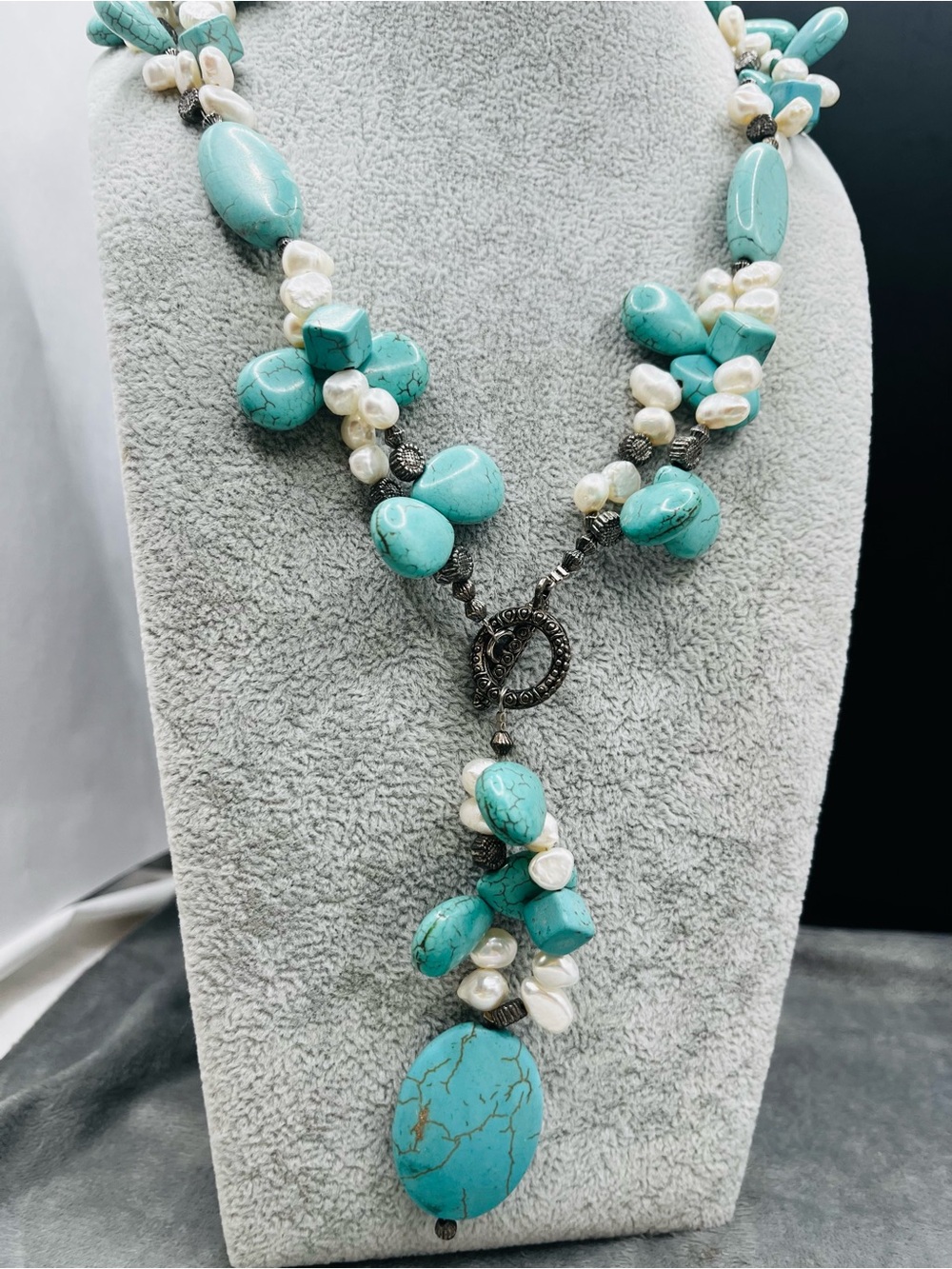 Turquoise and Pearl Cluster Pendant Necklace